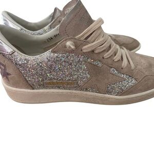 Golden Goose Beige Suede Sneakers with Silver Glitter Ball Star